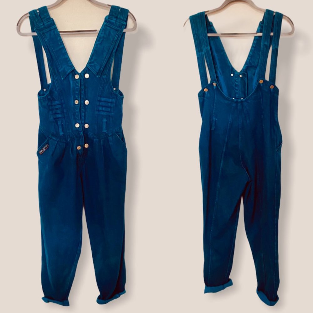 RARE Vintage 90's Sofia Paula Pleated Denim Vest Jean Overalls Aqua Blue Small